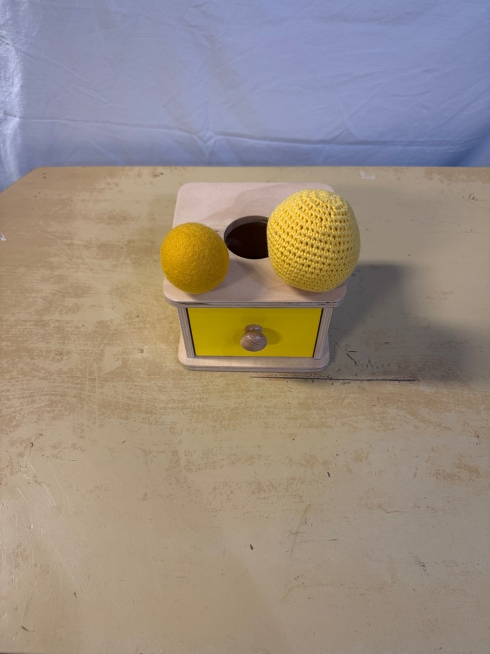 Monti Kids Wooden Object Permanence Box with Yellow Drawer and Balls